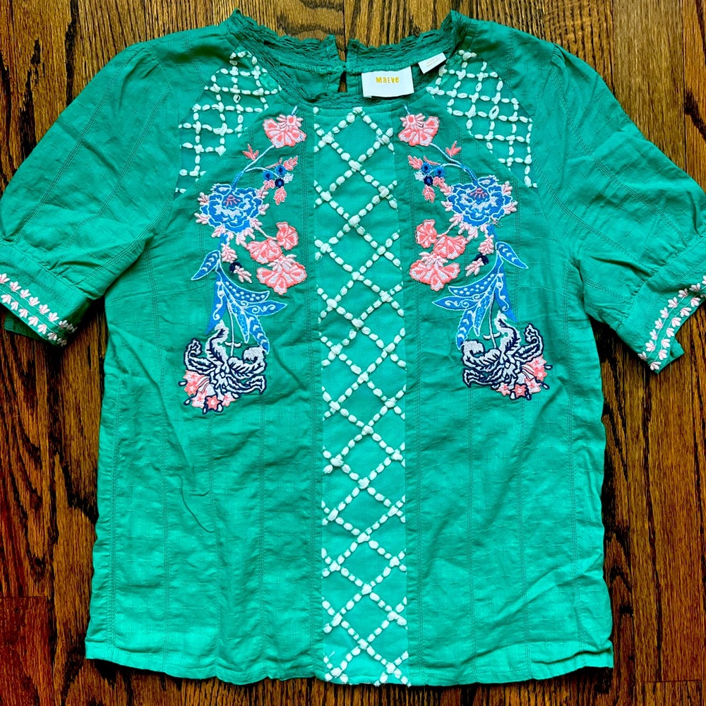 Maeve Green Blouse with Floral Embroidery